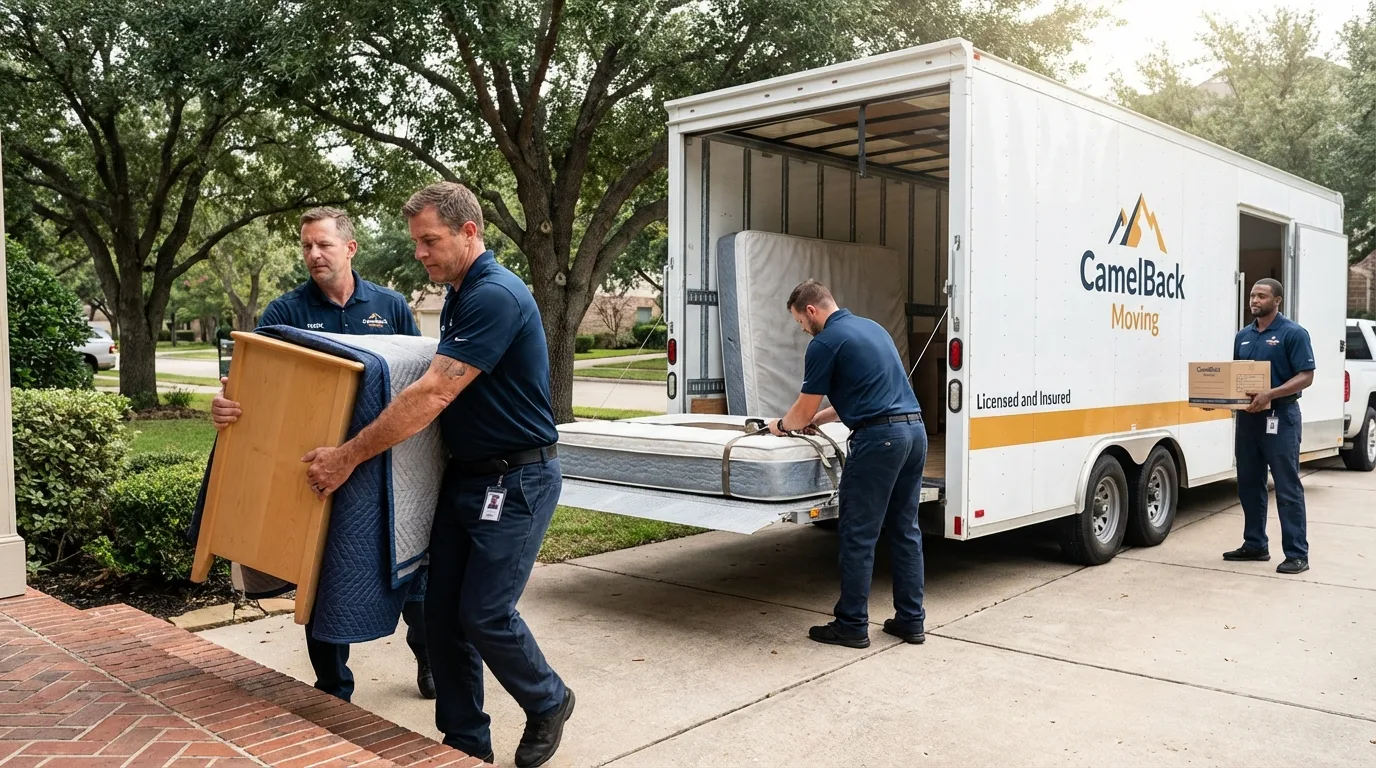 Crew loading residential truck for cross-state move from Midland, TX