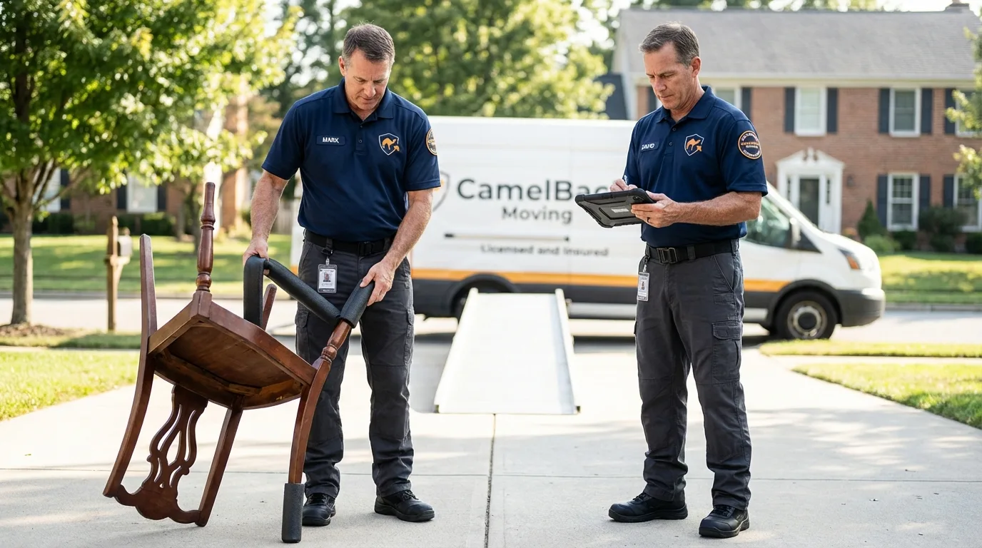 Movers inspecting furniture for damage prevention before loading in Midland, TX