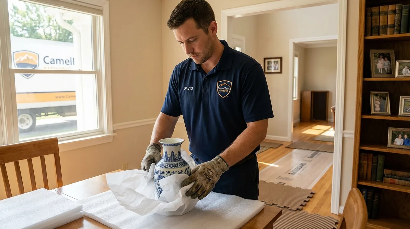 Professional crew carefully wrapping antique vase for senior downsizing move in Midland, TX
